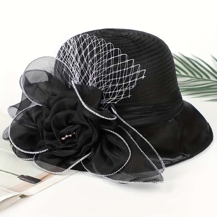 1pc Women's Wide Brim Floral Organza Sun Hat Beige with Black Mesh Flower Veil Breathable UV P