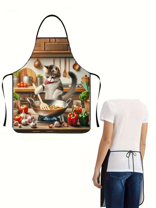1pc Cartoon Cooking Cat Apron Casual Style 100% Polyester Non-Stretch Fabric Woven 150g m?