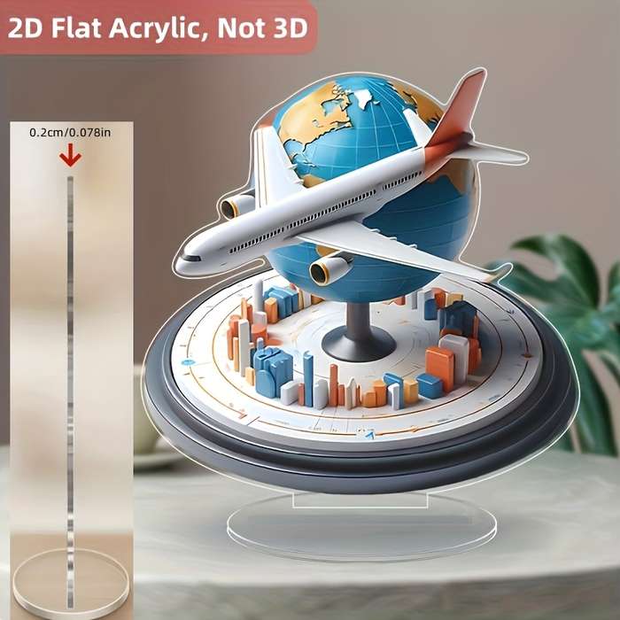 1pc 2D Flat  Acrylic Airplane Globe Desk Decor Modern Cityscape Design with Airplane Earth Idea