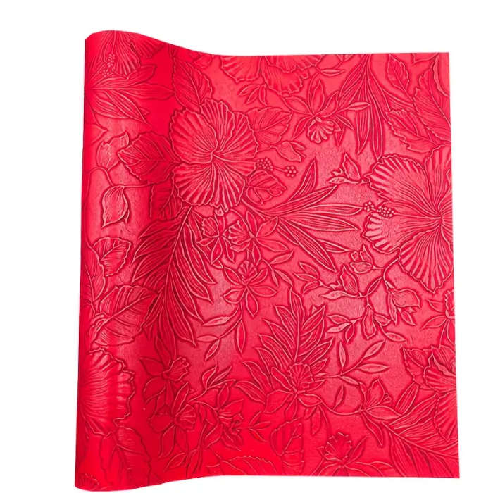 1 11.75 x 53.5 inch Leaf and Flower Embossed Faux Leather Fabric Roll Red