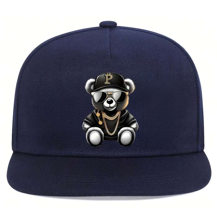 1pc Hip Hop Bear Print Flat Brim Cap Unisex Adjustable Street Style Baseball Hat 100% Polyest