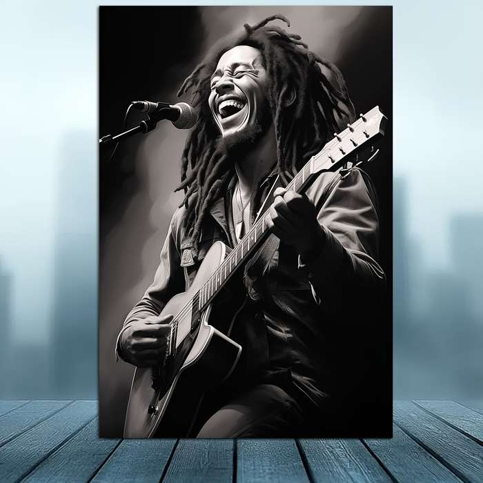 1pc 2D Flat  Frameless Bob Marley Guitar Portrait Canvas Wall Art Monochrome Music Icon Poste
