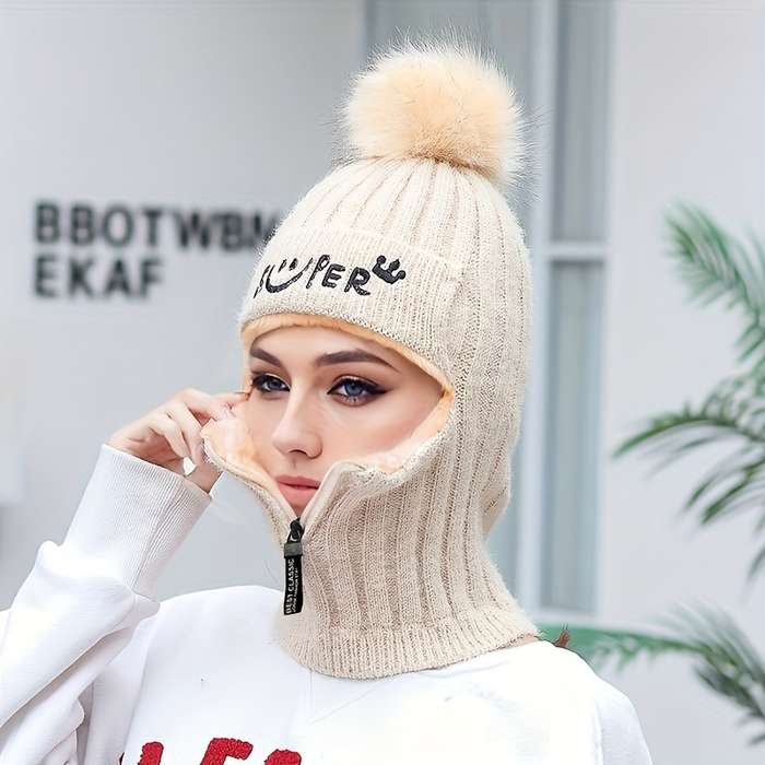 1pc Warm Elastic Knitted Winter Beanie with Pom Pom and Zipper for Women: Hand Washable and Suitabl