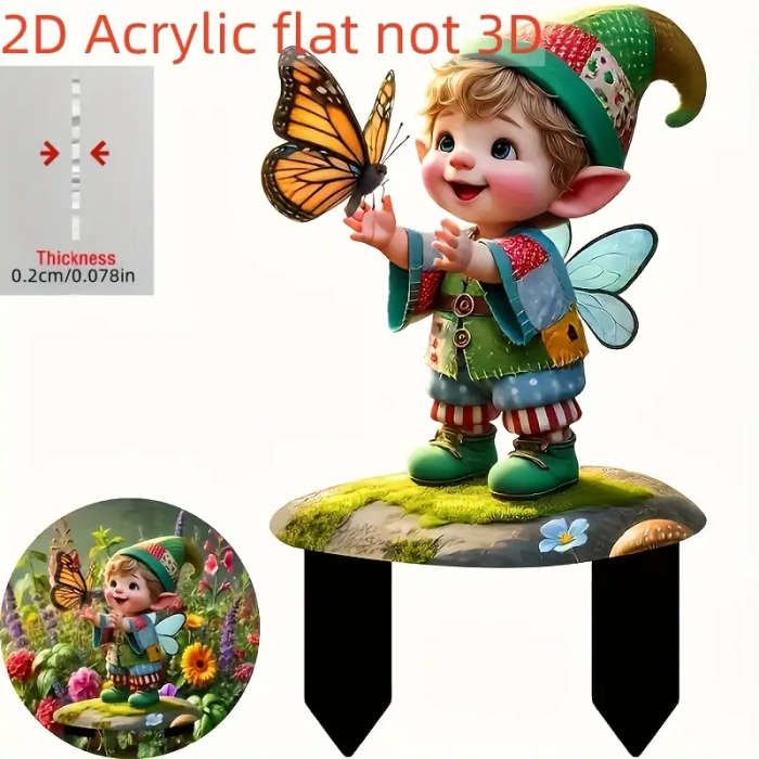 2D Flat 1 Piece Bohemian Gnome and Butterfly Acrylic Garden Pole