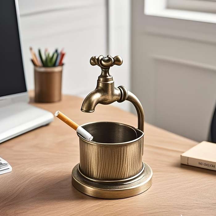 1pc Vintage Wrought Iron Ashtray with Faucet Design Elegant Home Office and Bar Decor Accessory