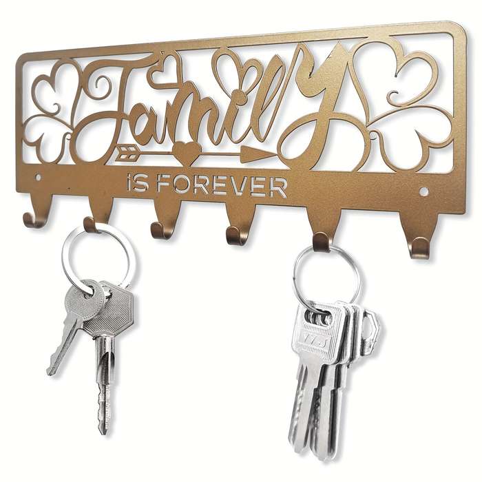 1pc Rustic Black Metal Key Holder with Family is Forever DesignWall Mounted Key Hooks