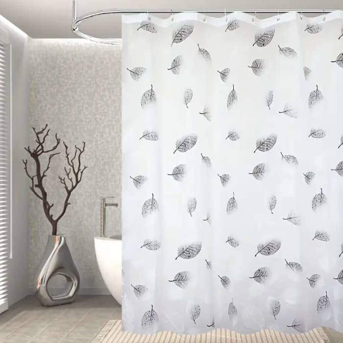 1pc Leaf Pattern Waterproof Shower Curtain with Hooks Easy-Clean Plastic Decorative Bathroom Accesso