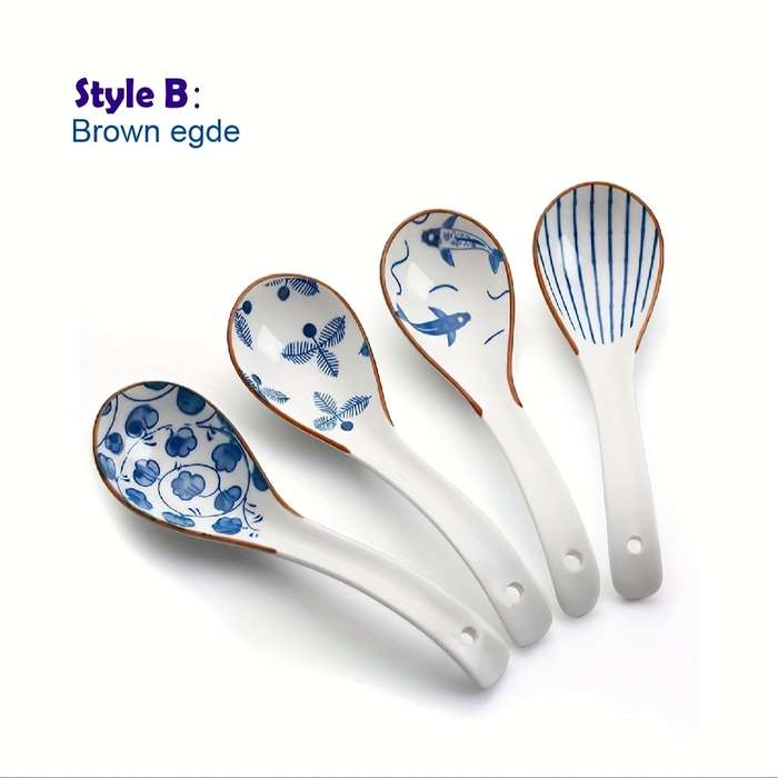 4pcs Blue White Ceramic Asian Soup Spoons 16.0cm Round with Elegant Floral Butterfly Desig