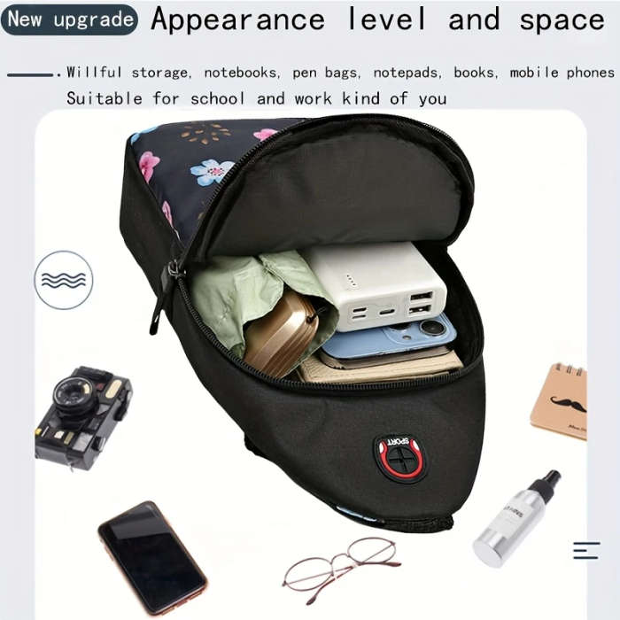 1pc Floral Print Womens Crossbody Sling Bag Versatile Nylon Chest Pack with Adjustable Strap Front