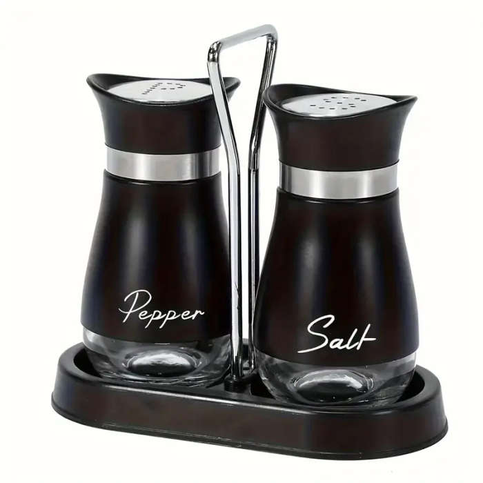 1Set Of Salt And Pepper Shakers With A Stand 1 Stand  2 Bottles Salt Shaker Stainless Steel Set Leat