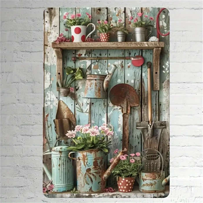 1pc Vintage Gardening Tools Metal Tin Sign 20.32x30.48cm Rustic Iron Wall Art Pastoral-Themed Home G