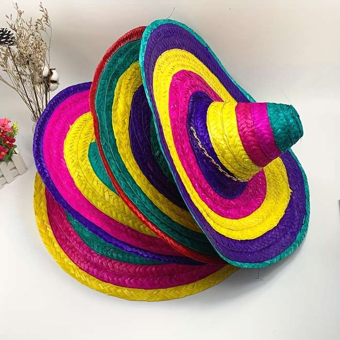 1pc Vibrant Mexican Fiesta Sombrero Colorful Cotton Woven Hat with Black Ribbon Perfect for Hall