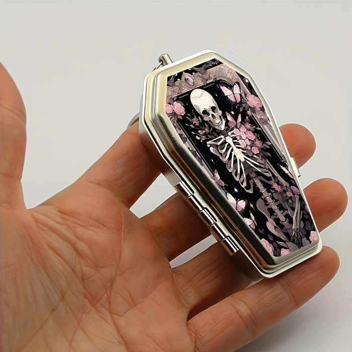 1pc Halloween Rose Colored Coffin Shaped Pocket Ashtray Keychain Portable Mini Ashtray with Li