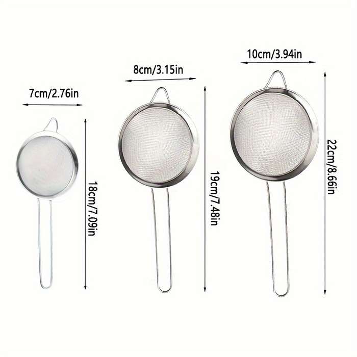 3pcs Stainless Steel Fine Mesh Strainers with Metal Handles Multi-Size Flour Sifters Oil Fi