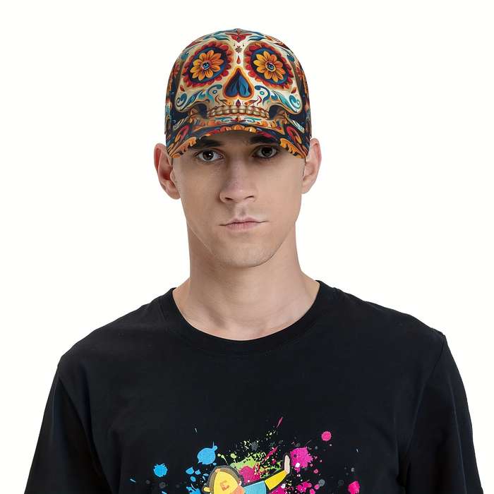 1pc Gothic Sugar Skull Print Baseball Cap Adjustable Breathable Lightweight for Daily Wear O