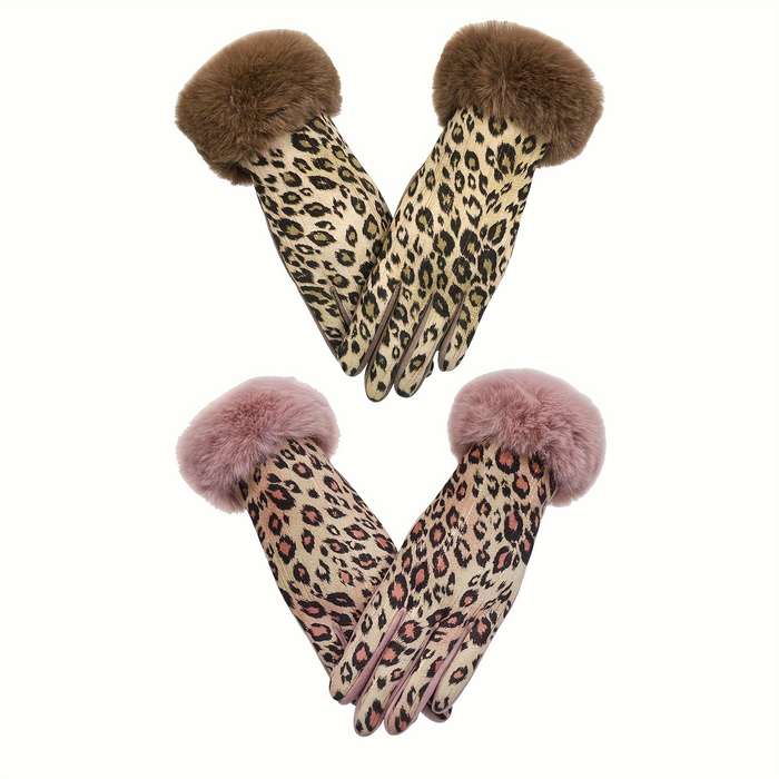 1 Pair Leopard Print Hair Mouth Pink Brown Warm Gloves