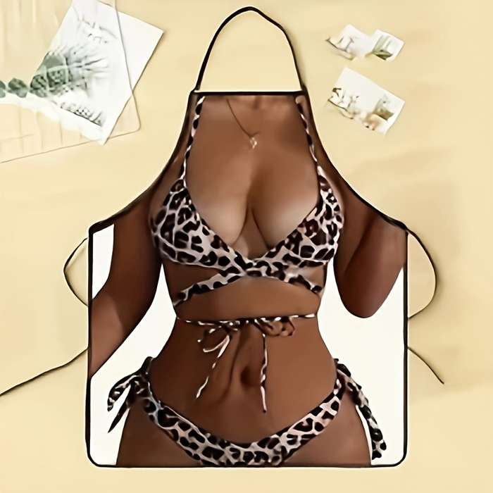 1pc Chic Leopard Print Bikini-Style Women's Apron Durable Polyester Perfect for Cooking Partie