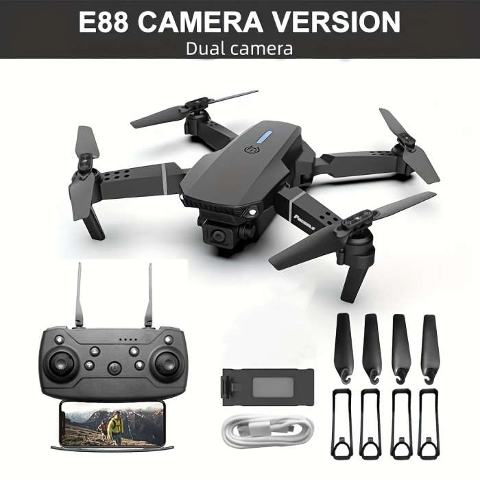 1pc E88 Dual Camera Drone with Optical Flow Foldable Remote Control Quadcopter for Beginners 5-Minut