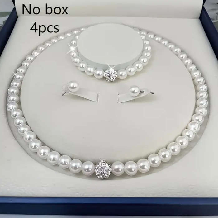 1 necklace + 1 bracelet + 2 earrings. Elegant and minimalist faux Imitation Pearl jewelry set