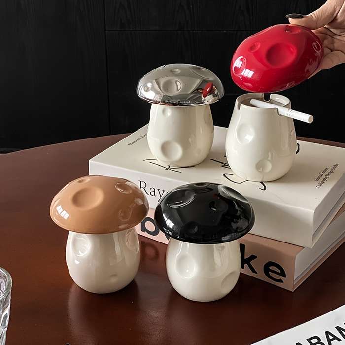 1pc Handmade Ceramic Mushroom Ashtray with Lid C Windproof Design for Indoor Outdoor Use Cut