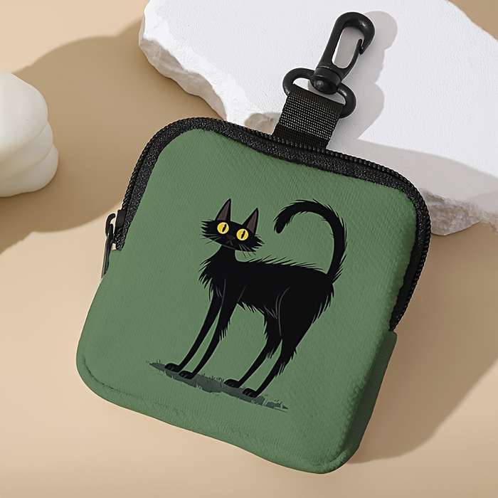 1pc Green Bottom Cat Print Coin Purse with Zipper and Buckle Multi-Purpose Storage Bag for Men