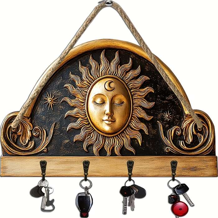 2D Flat 1pc Sun and Moon God Statue Simple Colored Wooden and Home Key Hanger with Four Metal Ho