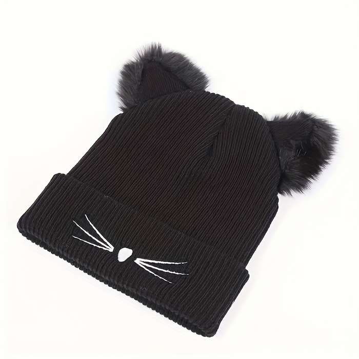 1pc Women's Cute Cat Ear Knit Beanie with Embroidery Acrylic Stretch Skull Cap for Winter Warmth
