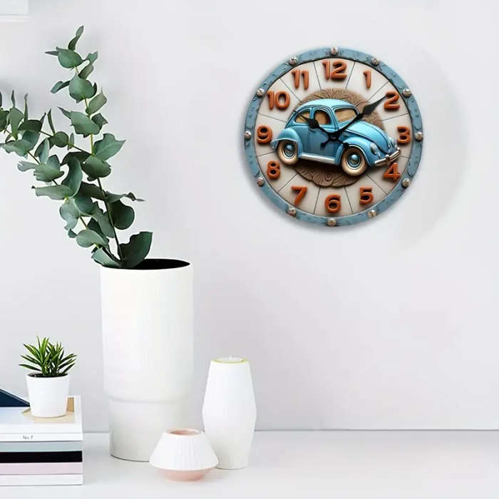 1pc Fashionable And Creative Wooden Surface Wall Clock With A Cute Vintage Car Design Naked Eye 3D E
