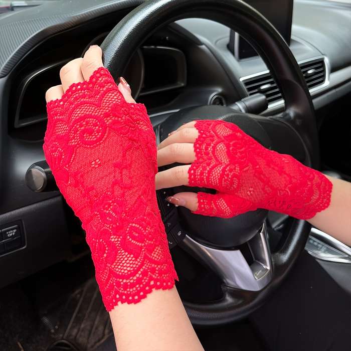 1 Pair Black Floral Lace Fingerless Gloves