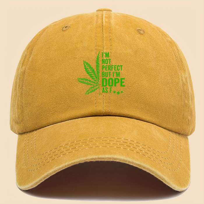 1pc Stylish Black Baseball Cap with Green Leaf and I'M NOT PERFECT DOPPE Print Breathable