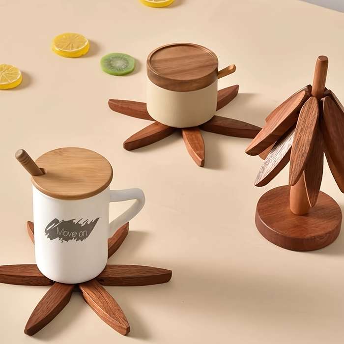 Wooden Tree-Shaped Pot Mat Set Includes 3 Removable Coasters and Base Creative Non-Slip Heat-