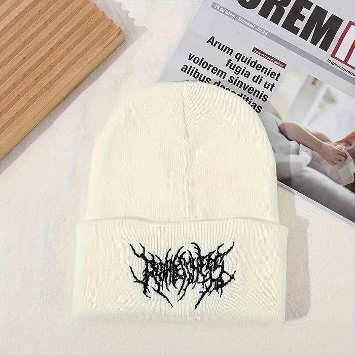 1pc Funky Geometric Embroidered Knit Beanie Hat Unisex Acrylic Warm Winter Skullcap Hand Washabl