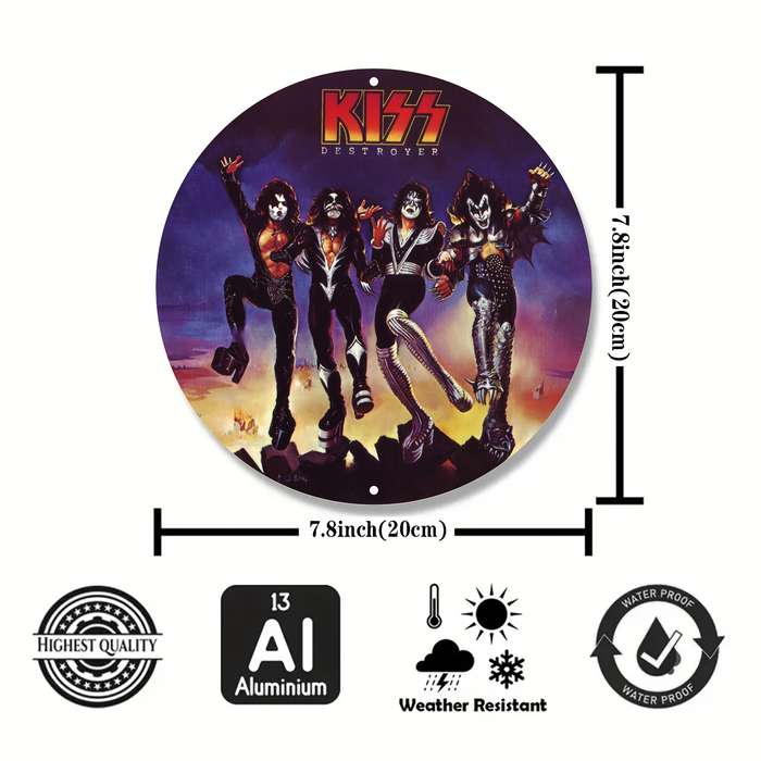1pc Kiss Rock Band Vintage Aluminum Wall Sign 19.81 cm Round Metal Decor Suitable for Home Bar
