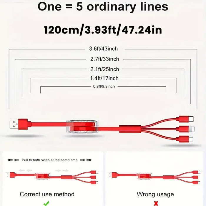 3 In 1 Retractable Multi Fast Charger Cable Random Colors