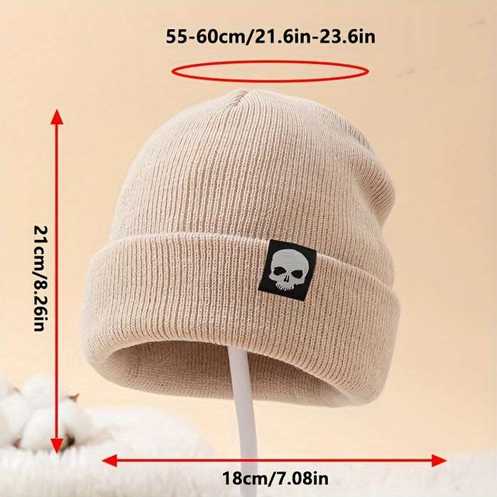 1pc MAKEFGE Skull Logo Knit Beanie Warm Stretchy Acrylic Winter Hat for Men Funky Style Handw