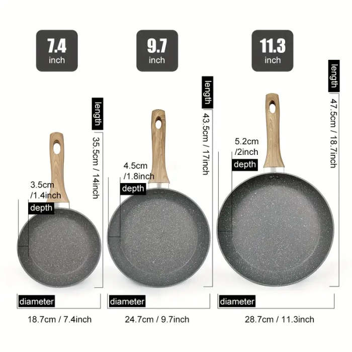 3pcs Non-Stick Pan Set Aluminum 17.78 cm - 24.13 cm - 27.94 cm Grey Foa And Pfas-Free for Kitchen Co