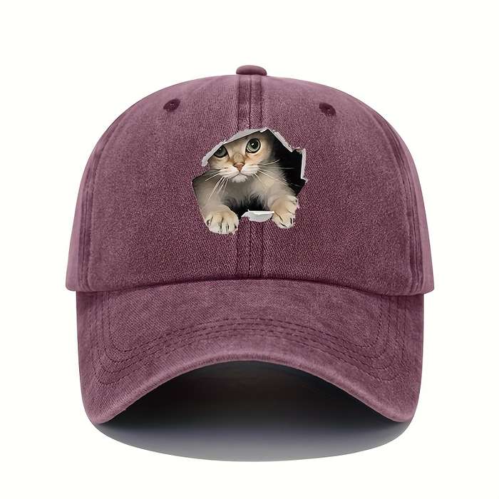 1pc Vintage Washed Cotton Baseball Cap with 3D Cat Print Adjustable Stretch Fit Lightweight All-S