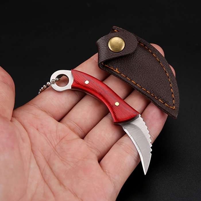 1pc Compact Stainless Steel Keychain Knife with Red Handle Faux Leather Sheath