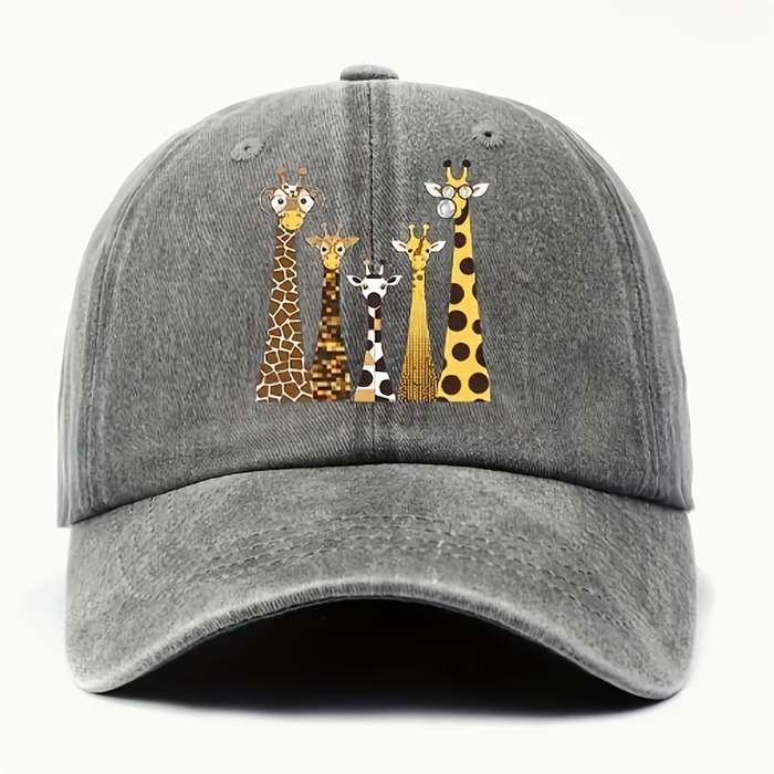 1pc Unisex Cotton Baseball Cap with Cartoon Giraffe Print Adjustable Washed Sun Hat Lightweig