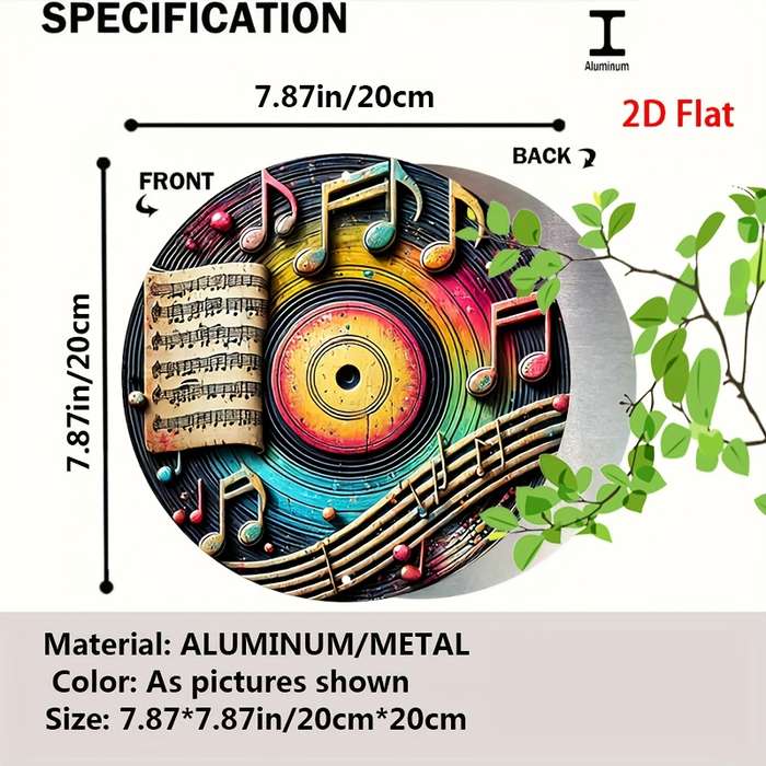 1pc 2D Flat  Vintage Metal Sign with Colorful Music Notes and Records Aluminum Round Poster wi