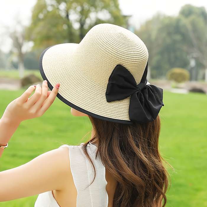 1pc Stylish Wide Brim Straw Sun Hat with Black Ribbon Bow Lightweight Polyester Beach Hat for Wom