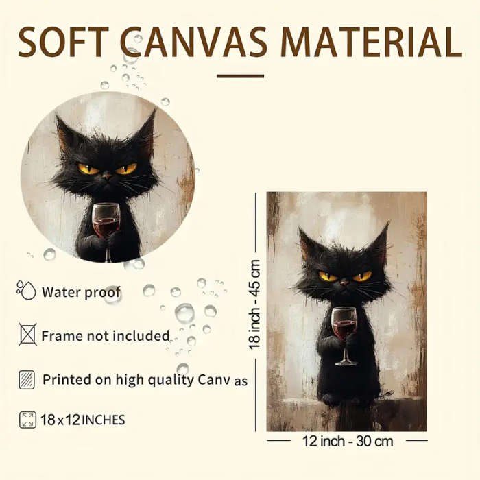 1pc Charming Black Cat with Wine Glass Canvas Print 30.48x45.72cm Unframed Whimsical Animal Art for