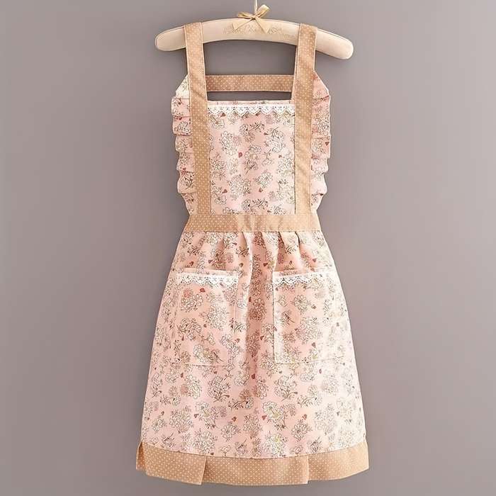 1pc Elegant Floral Print Apron for Women Double-Pocket Design with Ruffled Details Perfect f