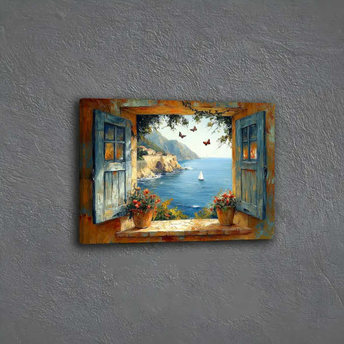 1pc Room Decor Nautical Coastal Landscape Canvas Wall Art Wooden Framed Seaside View with Sailing Bo