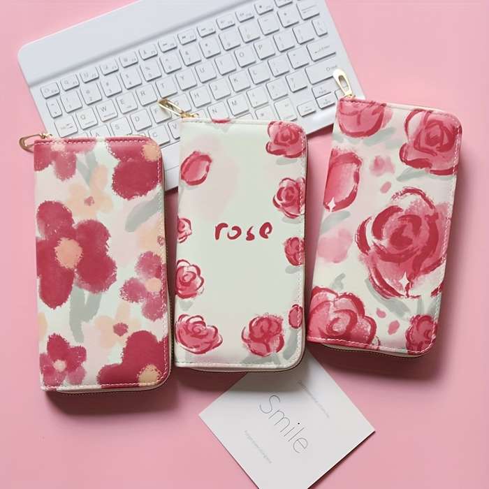 1pc Women'S Floral Print Long Zipper Wallet Large Capacity Synthetic Faux Leather Clutch with Mult