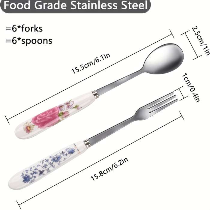 12pcs floral printed ceramic handle stainless steel tableware set polished surface tableware