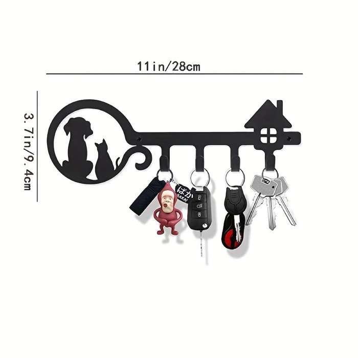 1pc Decorative Black Metal Key Holder 11-inch Cat And Dog Silhouette 4 Hooks Wall Mount