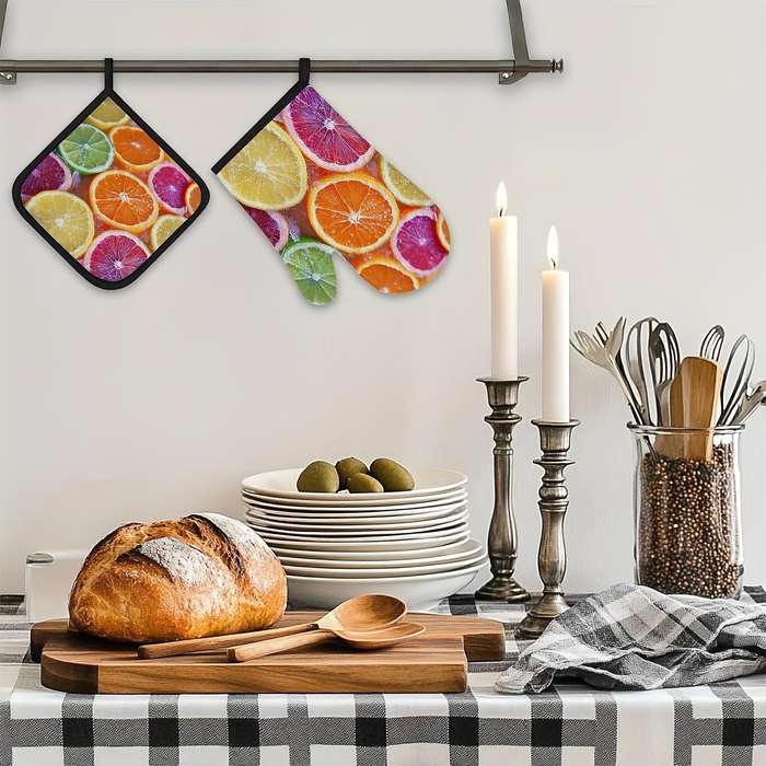 2pcs Citrus Fruit Slices Pattern Oven Mitts and Pot Holders Set Heat Resistant Microwave Glov