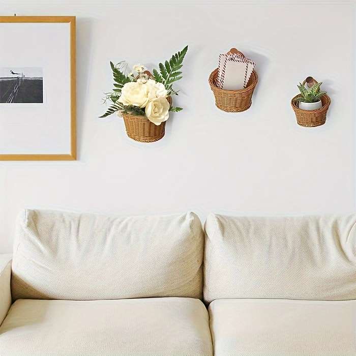 3pcs set (L+M+S) Imitation Rattan Wall Storage Basket Woven Hanging Baskets Kitchen Ginger Ga