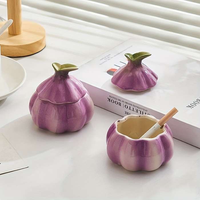 1pc Art Deco Style Garlic-Shaped Ceramic Ashtray Round Home Decor Trinket Simple Design No E
